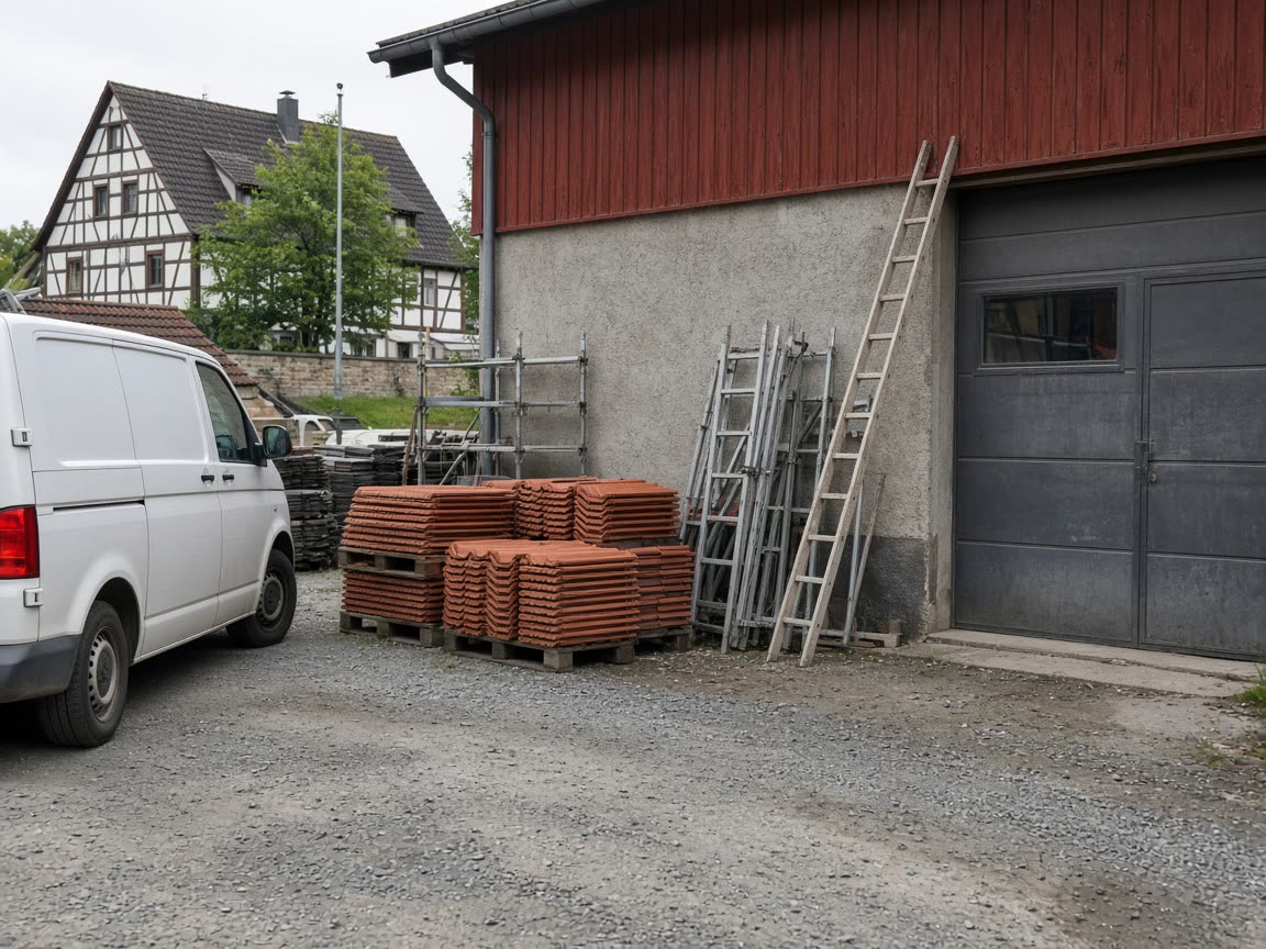 Betriebshof der Dachstich Dachdeckerei GmbH mit Material und Gerüstteilen