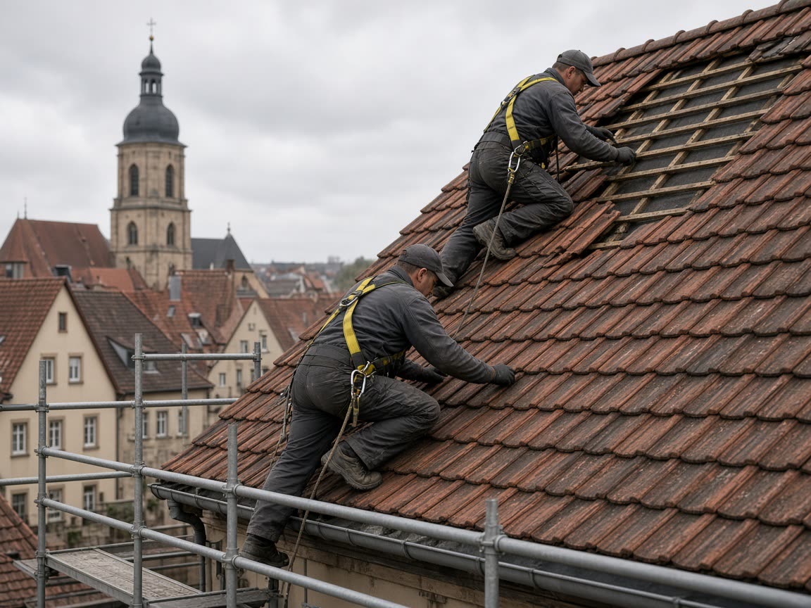 Steildach mit Ziegeldeckung in Rothenburg ob der Tauber, Ausführung Dachstich